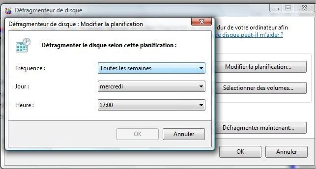 Défragmenteur de disque Windows 7 : Fenêtre contextuelle Modifier la planification
