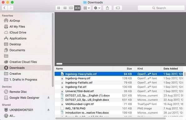 Screenshot of the Downloads folder pop-up window on a Mac