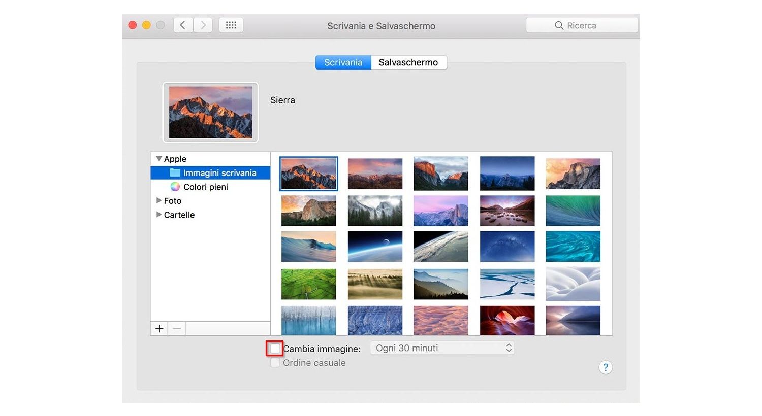 Screenshot del Desktop e della finestra pop-up dello screensaver su un Mac