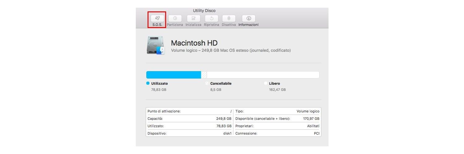 Cattura schermo della finestra di pop-up della Utility del Disco su un Mac