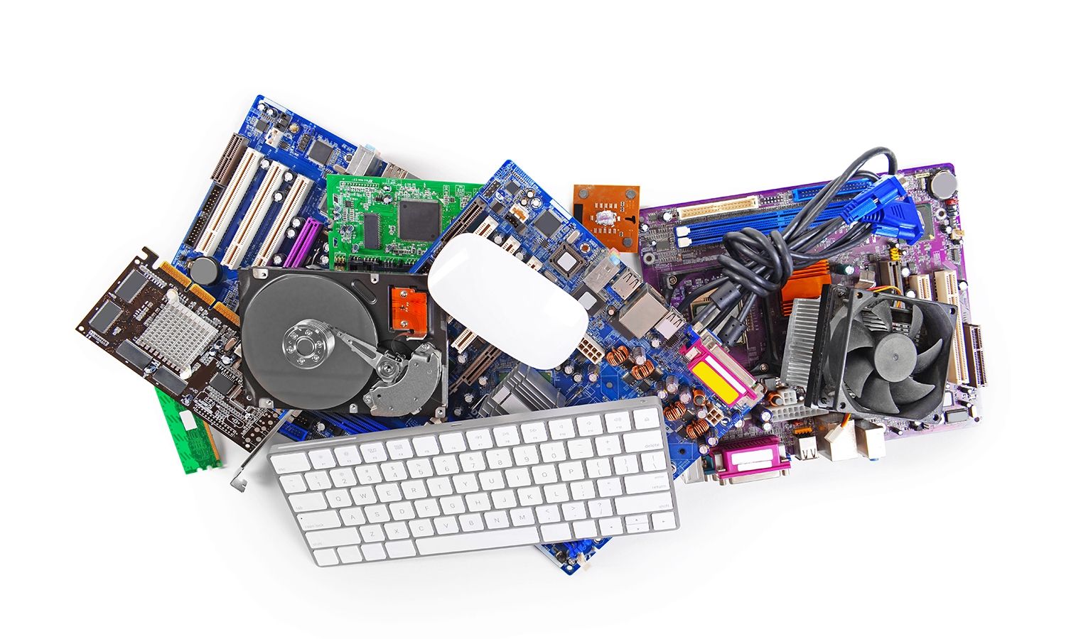 Collection of computer hardware, including a keyboard and mouse