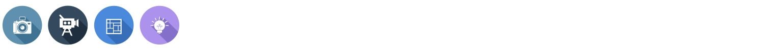 Icons indicating the computer usage of a designer including photo editing, video editing, design applications and creative research