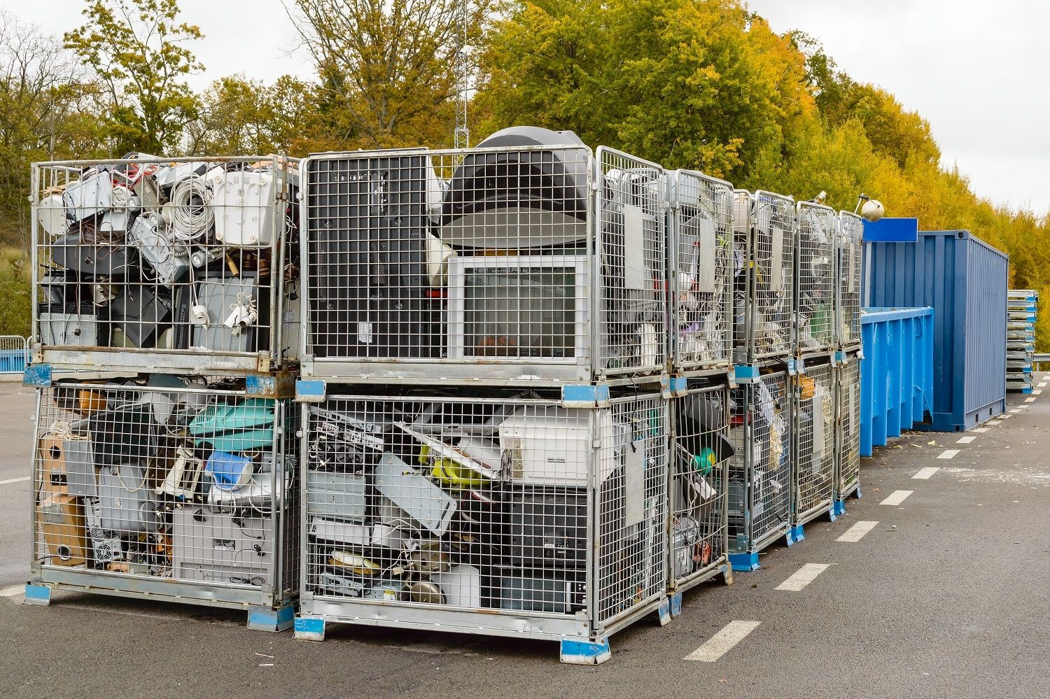 Electronics waste, including computers, are discarded in recycling bins
