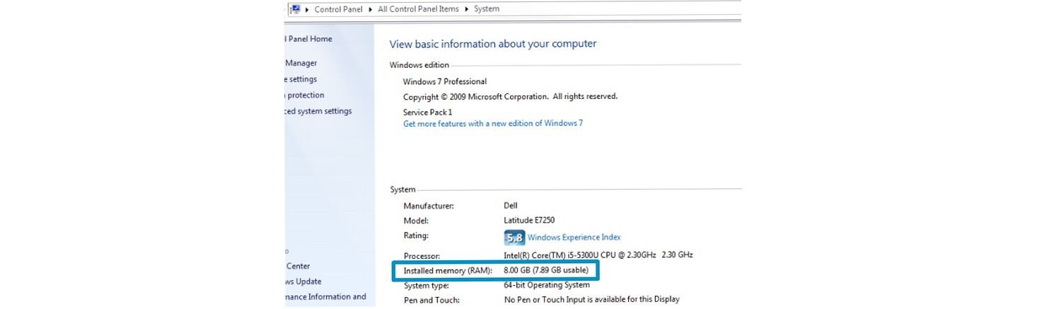 Screenshot of how to check how much memory a Windows computer has.