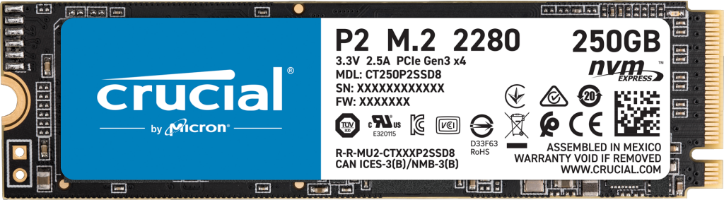250GB P2 CT250P2SSD8 Crucial SSD interno nvme fino a 2400 MB/s 3D NAND PCIe, 