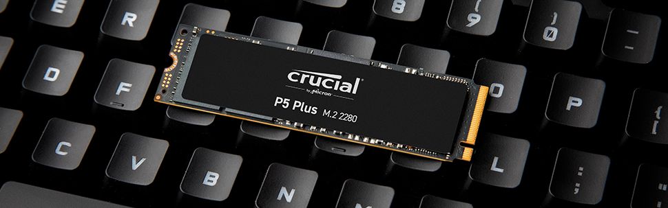 Crucial P5 Plus SSD Crucial P5 Plus SSD on a keyboard