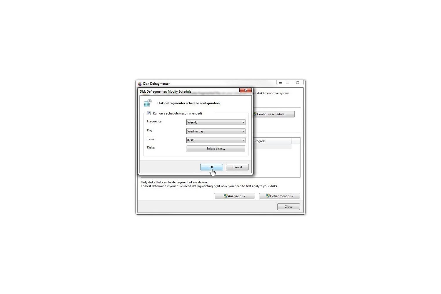 Windows 7 Disk Defragmenter: Modify Schedule pop-up window