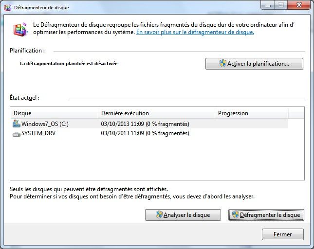 La fenêtre contextuelle du Défragmenteur de disque sous Windows 7 vous indique le statut du rapport de l’analyse du disque
