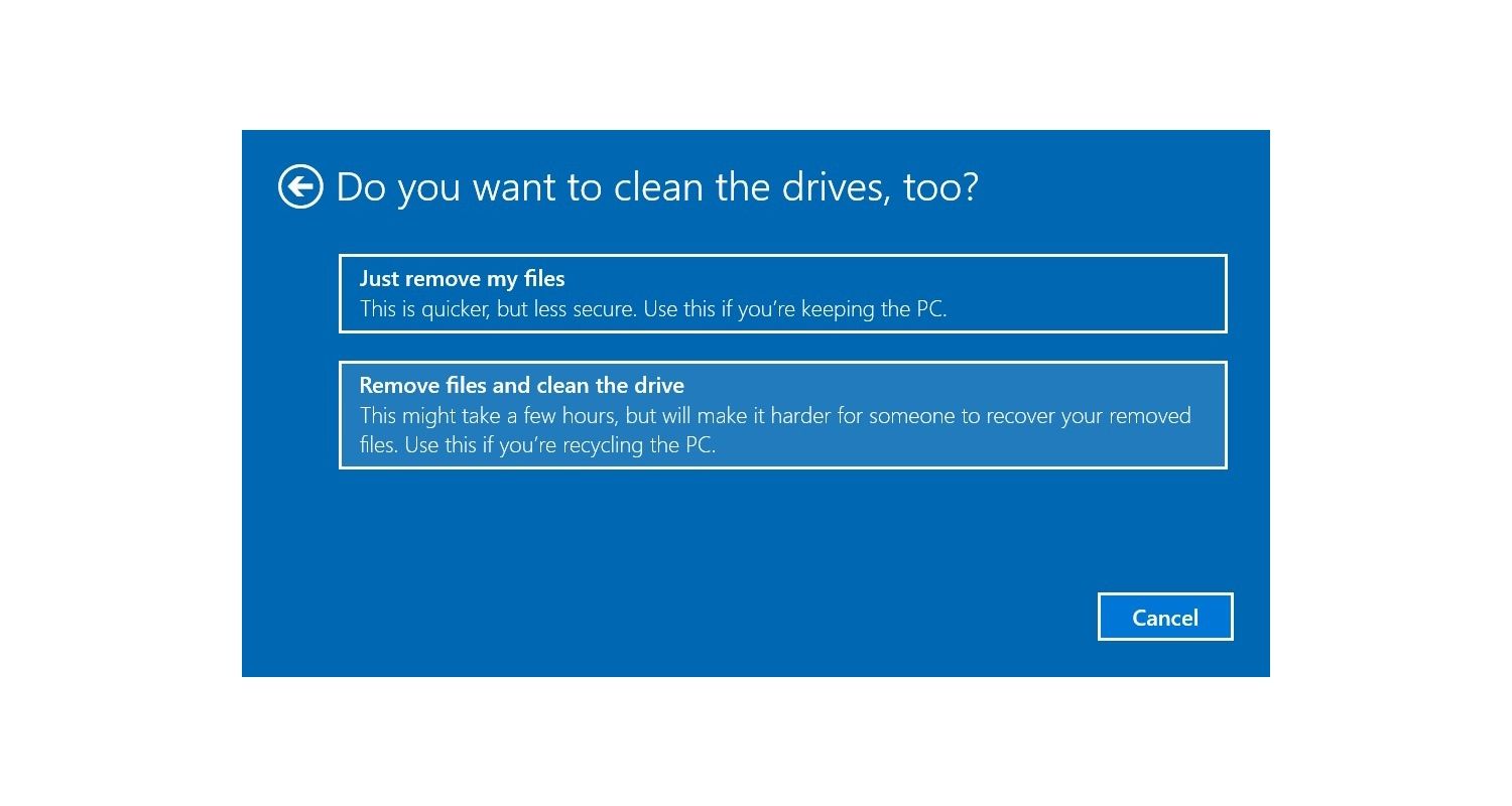 Windows 10 彈出式視窗,允許使用者移除電腦檔案並清除硬碟