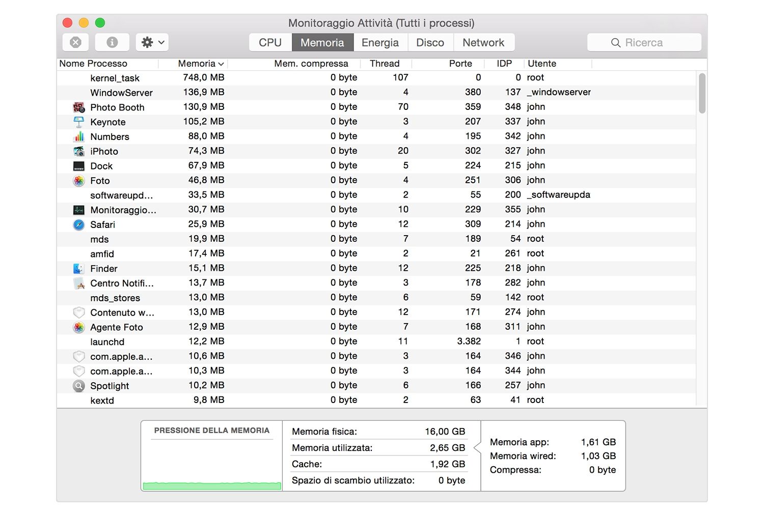 Screenshot della finestra Attività Monitor su un Mac che aiuta gli utenti a identificare quali app stanno usando la memoria del sistema