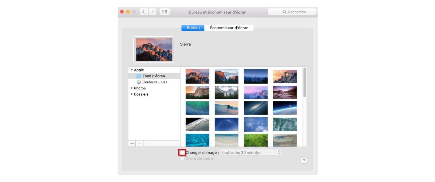 Capture d’écran d’une fenêtre contextuelle Bureau et Économiseur d’écran sur un Mac