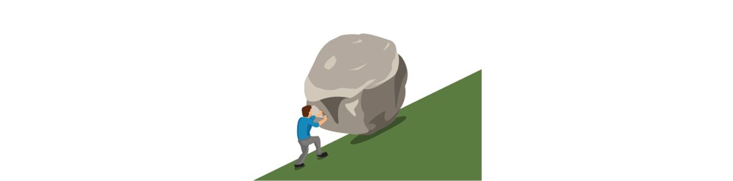 Ein Mann schiebt einen Felsbrocken nach oben, um zu verdeutlichen, wie sich ein langsames Mac-System anfühlen kann