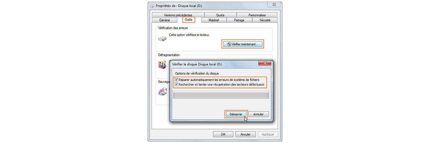 Capture d’écran d’une recherche de corruption dans un disque dur.