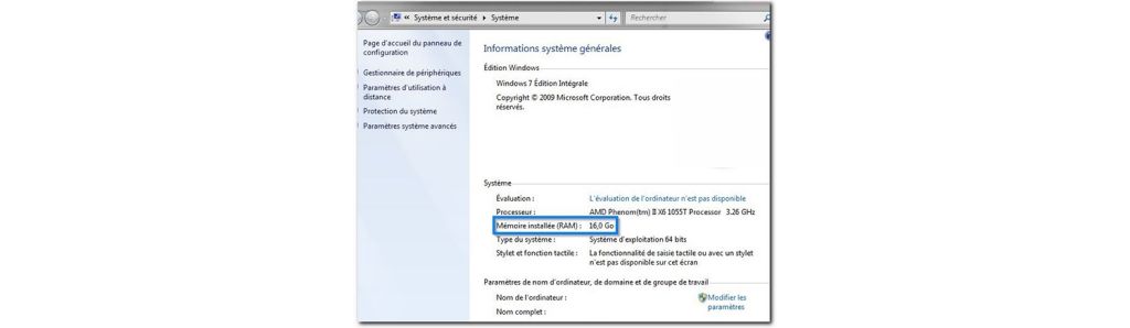 Capture d’écran de la quantité de mémoire dont dispose un ordinateur Windows.
