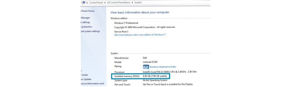 Windowsパソコンに搭載されたメモリ量の確認方法を示すスクリーンショット